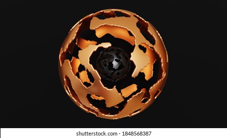 3d art illustration of two perforated hollow spheres isolated on black. Elegant minimal wallpaper with golden and black pierced metal balls. Modern abstract concept design. 3d rendering background.