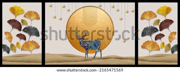 3d art mural wall décor wallpaper with light background, golden, black ginko biloba leaves, mountains and deer. For canvas use as a feature walls wallpaper . 