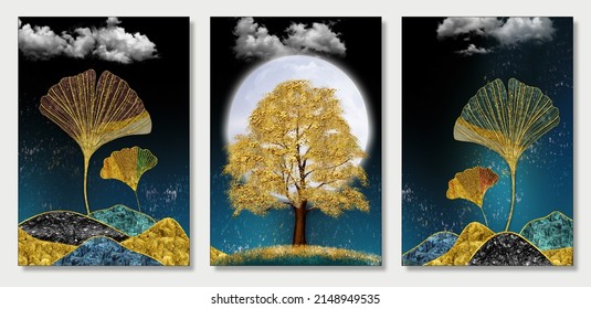 3d Art Mural Wallpaper With Dark Blue Background, Golden Christmas Tree Leaves, Mountains, Moon In The Sky. For Canvas Use As A Frame On Walls .