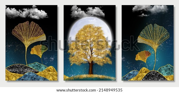 3d art mural wallpaper with dark blue background, golden christmas tree leaves, mountains, moon in the sky. For canvas use as a frame on walls .