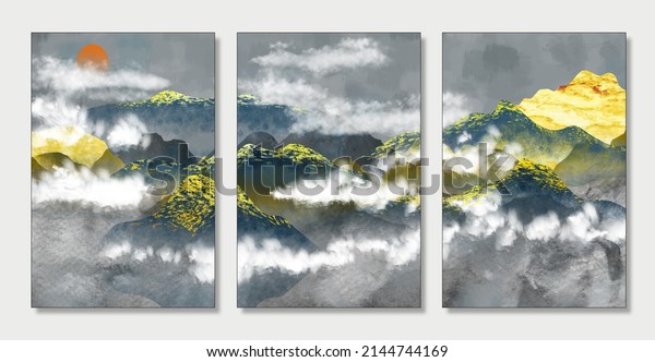 3d art mural wallpaper landscape, light background, colorful golden mountains, moon, and clouds. canvas art 