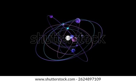 3D artistic model of particle paths revolving in multiple orbital planes around glowing central core for abstract science visuals. Transparent jpg