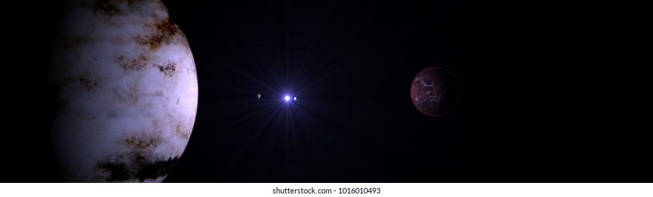 3D Artist's Impression Of An Exo Solar System In Space Far Away From Earth's Solar System. Image Contains A Gas Giant, One Rocky Planet, Two Far Away Gas Giants, And The Solar System's Star