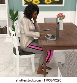 3D Artwork Of A Black Lady Teleworking From Home While In Sweat Pants And Suit Jacket.