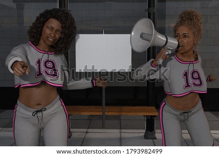 3D artwork, rendered in 4k, of two sisters protesting with a bullhorn and a blank sign that can be filled in with a custom message (These are not real people)