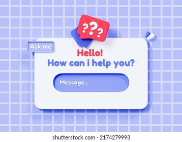 3D Ask Me A Question And Online Support Chat Box. Social Network And Media FAQ Concept. Chatbot For Asking Help. Message Frame. Cartoon Creative Banner Illustration On Purple Background. 3D Rendering