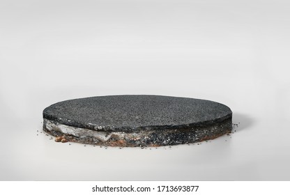 3D Asphalt Road On Round Layered Soil Cross Section , Realistic 3D Rendering Slice Circle Cutaway With Tar Road Isolated On Blue Sky