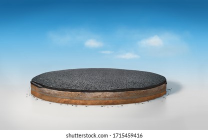 3D Asphalt Road On Round Layered Soil Cross Section , Realistic 3D Rendering Slice Circle Cutaway With Tar Road Isolated On Blue Sky