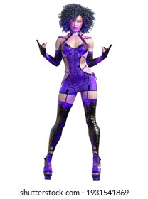 3D assassin warrior amazon woman render.Futuristic neon glow costume.Comic cosplay hero.Cartoon, comics, manga illustration.Conceptual fashion art.Seductive candid pose.Isolated