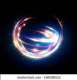 3D Atom icon. Luminous nuclear model on dark background. 
Glowing energy balls. Molecule structure. Trace atoms and electrons.
Physics concept. Microscopic forms. Nuclear reaction element. Neutron.