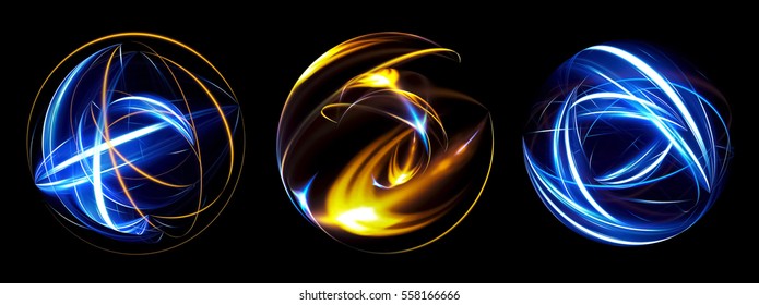 3D Atom icon. Luminous nuclear model on dark background. Glowing energy balls. Molecule structure. Trace atoms and electrons. Physics concept. Microscopic forms. Nuclear reaction element. 