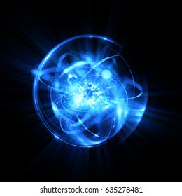 3D Atom icon. Luminous nuclear model on dark background. Glowing energy balls. Molecule structure. Trace atoms and electrons. Physics concept. Microscopic forms. Nuclear reaction element. Supernova