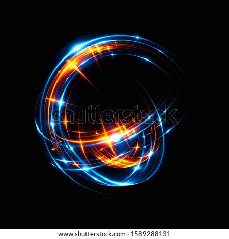 3D Atom icon. Luminous nuclear model on dark background. 
Glowing energy balls. Molecule structure. Trace atoms and electrons.
Physics concept. Microscopic forms. Nuclear reaction element. Neutron.