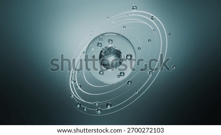3D atom model with clustered nucleus and orbiting electrons on teal gradient background. Scientific and futuristic visualization.