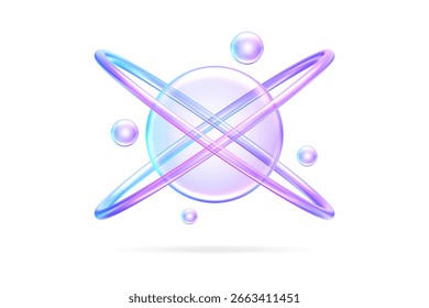 3D atomic structure icon in purple blue glass, symbolizing science, physics, innovation, and technology