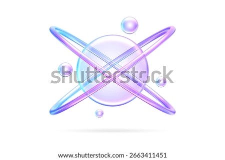 3D atomic structure icon in purple blue glass, symbolizing science, physics, innovation, and technology