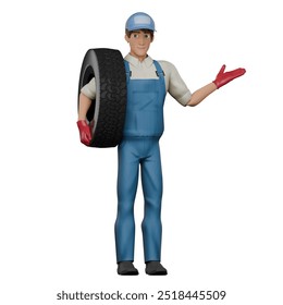 3D Automotive Service Provider. A male mechanic is standing holding a car tire on his right shoulder and his left hand is raised with the palm open upwards. Male Mechanic Cartoon - Powered by Shutterstock