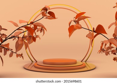 3D Autumn scene beauty podium with empty cylinder stand for promotion product display. Orange dry plant composition