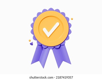 3D Award medal with check mark and ribbon. Premium quality certificate. Quality guarantee label. Achievement award grant. Cartoon creative design icon isolated on white background. 3D Rendering - Powered by Shutterstock