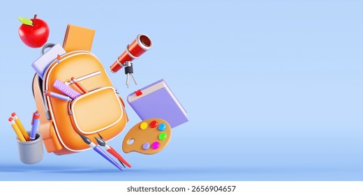 3d back to school composition with open yellow backpack, floating books, apple, stationery, paint palette and brush on blue background. Telescope for study astronomy, education scene. 3D Illustration