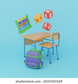 3D Back to School concept with table, chair, backpack, number cubes and abacus. Happy first day of school! 3D rendering.