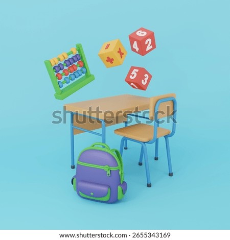 3D Back to School concept with table, chair, backpack, number cubes and abacus. Happy first day of school! 3D rendering.