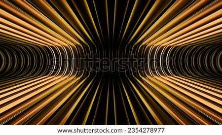 3d backgorund. Dark corridor lit by yellow and white neon lights. Reflections on the walls and floor. Symmetrical 3d rendering image. Futuristic, neon lights background.