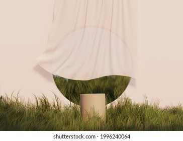 3D Background, Beige Podium, Round Display Frame With Shadow. Curtain, And Green Grass. Cosmetic, Beauty Product Promotion. Nature Pedestal. Summer Landscape Mockup, Abstract 3D Render Illustration.