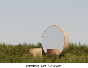 3D background, beige podium, round display with mirror. Green grass field. Cosmetic, beauty product promotion. Nature pedestal. Summer landscape mockup, abstract 3D render illustration.