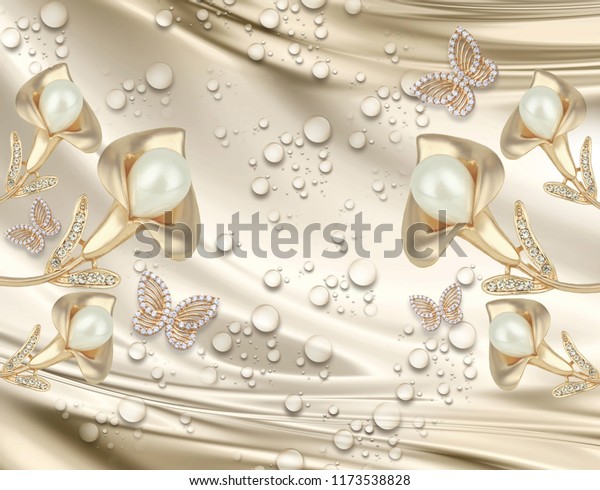 3d背景にユリと蝶 水滴 絹 金と真珠 金の宝石壁紙 のイラスト素材