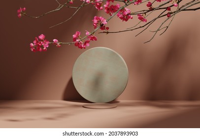 3D background, circle podium. Round display, sakura pink flower branch shadow. Brown and green Cosmetic or beauty product promotion step pedestal. Abstract minimal 3D render copy space template.