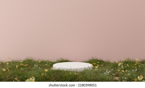 3D Background With Clean Concrete Podium Display. Nature Rock Pedestal With Yellow And Cutter Flower Green Grass With Pink Background. Beauty, Fashion Product Promotion Stand With Plant. 3D Rendering.
