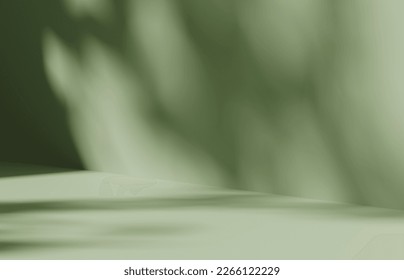 3D background display, natural tree leaf shadow pastel green backdrop. Nature product promotion beauty cosmetics. Nude Studio Minimal showcase 3D render advertisement.	 Arkivillustrasjon