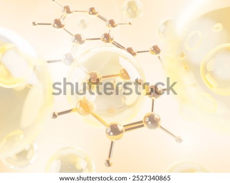 3d background with dna molecular structure and gold oil drops. Skin care formula with yellow omega bubbles, liquid cosmetic spheres. Collagen serum, vitamin retinol or hyaluronic acid. 3D Illustration