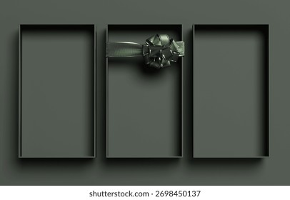 3D background gift box display for cosmetic product presentation. Present with gold ribbon. Green showcase flat lay. Christmas or birthday present Branding banner. 3D render, shopping mockup.