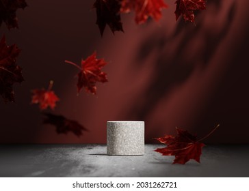 3D background, gray stone pedestal podium on natural shadow, leaf falling , burgundy red autumn backdrop. Product promotion Beauty cosmetics display. Studio Minimal concrete showcase stand 3D render 