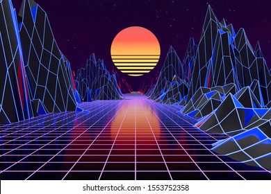 3d background Illustration Inspired by 80's Scene synthwave and retrowave. Computer digital drawing.