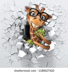 3d background, little giraffe peeping from a broken wall. 3D wall looks very lovely and also brings different colors to room! It become an accent in the interior design. 3D rendering.