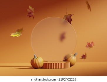 3D background. Orange Podium display with pumpkin and autumn leaf. Cosmetic, beauty product promotion. Fall pedestal with  natural shadow.  Halloween showcase. Abstract minimal  3D render mockup.