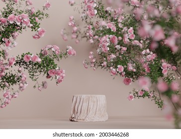 3D Background Pink Cloth Podium Display. Nature Rose Flower Blossom. Feminine Summer And Spring Pedestal Showcase For Beauty Product, Cosmetic Promotion. Abstract, Luxury Garden Mockup 3D Render