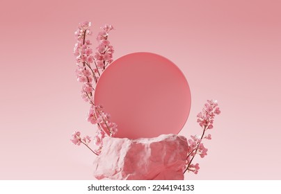 3D background, pink podium, stone display. Sakura pink flower tree branch with shadow. Floral Cosmetic or beauty product promotion step pedestal. Abstract minimal 3D render. Copy space spring mockup. - Powered by Shutterstock