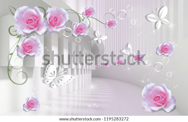 3d background with pink roses and paper butterflies in architectural tunnel. Beautiful flower wallpaper. Flowers in the Tunnel is an original decoration in interiors design.