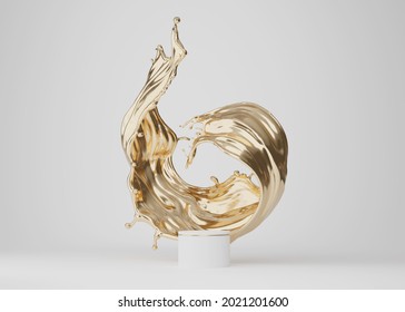 3D Background Podium Display, Gold Liquid, Fluid Splash, Swirl On White. Luxury Golden Flow With Pedestal Showcase For Beauty Product, Cosmetic Promotion.  Abstract 3D Render Studio Mockup