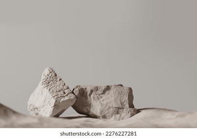 3D background. Podium, stone display. Beige luxury backdrop with desert sand. Minimal pedestal for beauty, cosmetic product presentation. Dune mockup with sun shadow. Summer template, studio 3d render - Shutterstock ID 2276227281