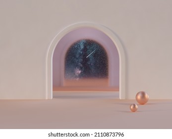 3d Background Products Display Podium Scene With Arched Doors. Showcase Stage With Shooting Stars Falling Windows. Pastel Tone Studio.
