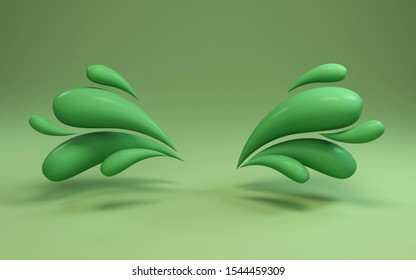 3d background rendering of colorful liquid green drops frame. Scene in bold green illuminated studio