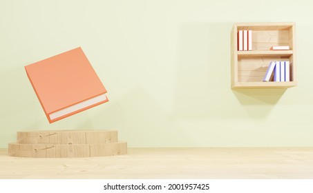 3d background rendering, room with podium and bookshelf containing books for lessons and note-taking, for web pages, school and library themes, presentations or product pictures and backgrounds