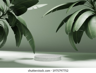 3D background with stone podium display. Nature rock pedestal with tropical palm leaf and shadow on green background. Cosmetic, beauty product promotion stand with plant. Studio 3D render illustration