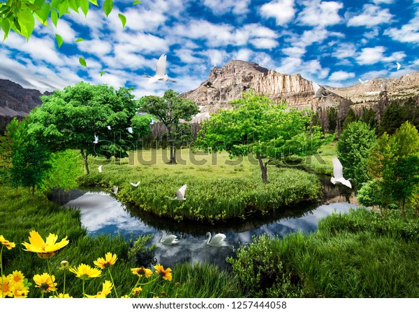 3d background wallpaper design with natural objects and landscape mural.
