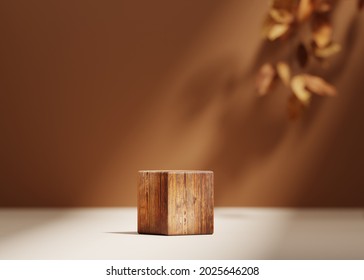 3D background, wood pedestal podium on natural dry autumn leaf shadow beige backdrop. Fall product promotion Beauty cosmetics wooden display. Nude Studio Minimal showcase 3D render advertisement.